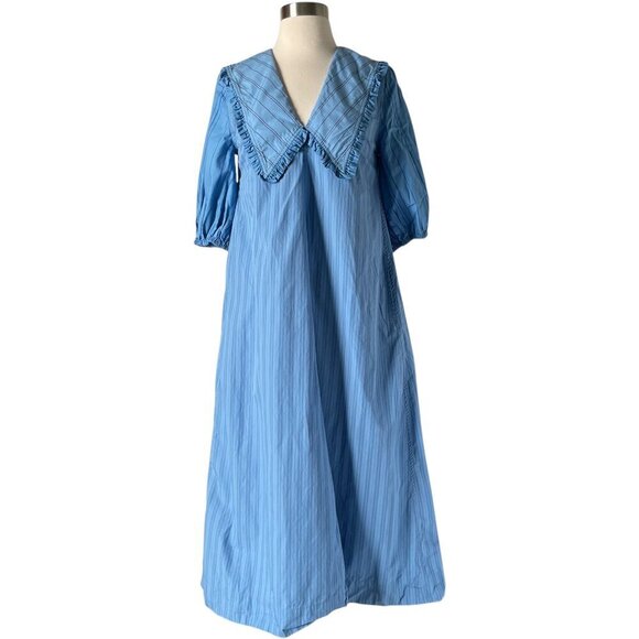 Ganni Re-Cut Striped Cotton V-Neck Midi Dress Blue Puff Sleeve - Picture 5 of 13